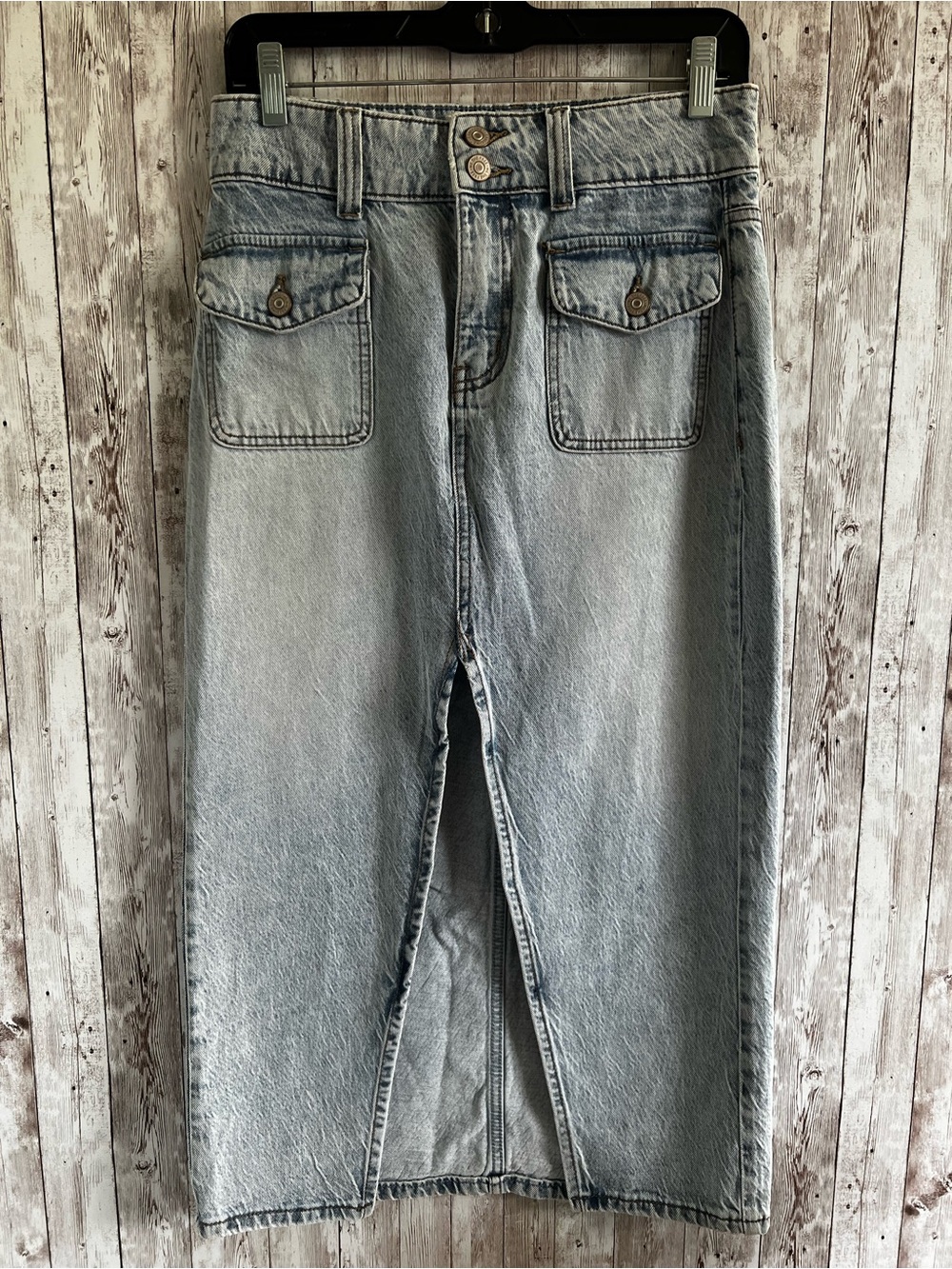 Free People Light Blue Denim Midi Denim Skirt with Front Slit Western Boho 25-0